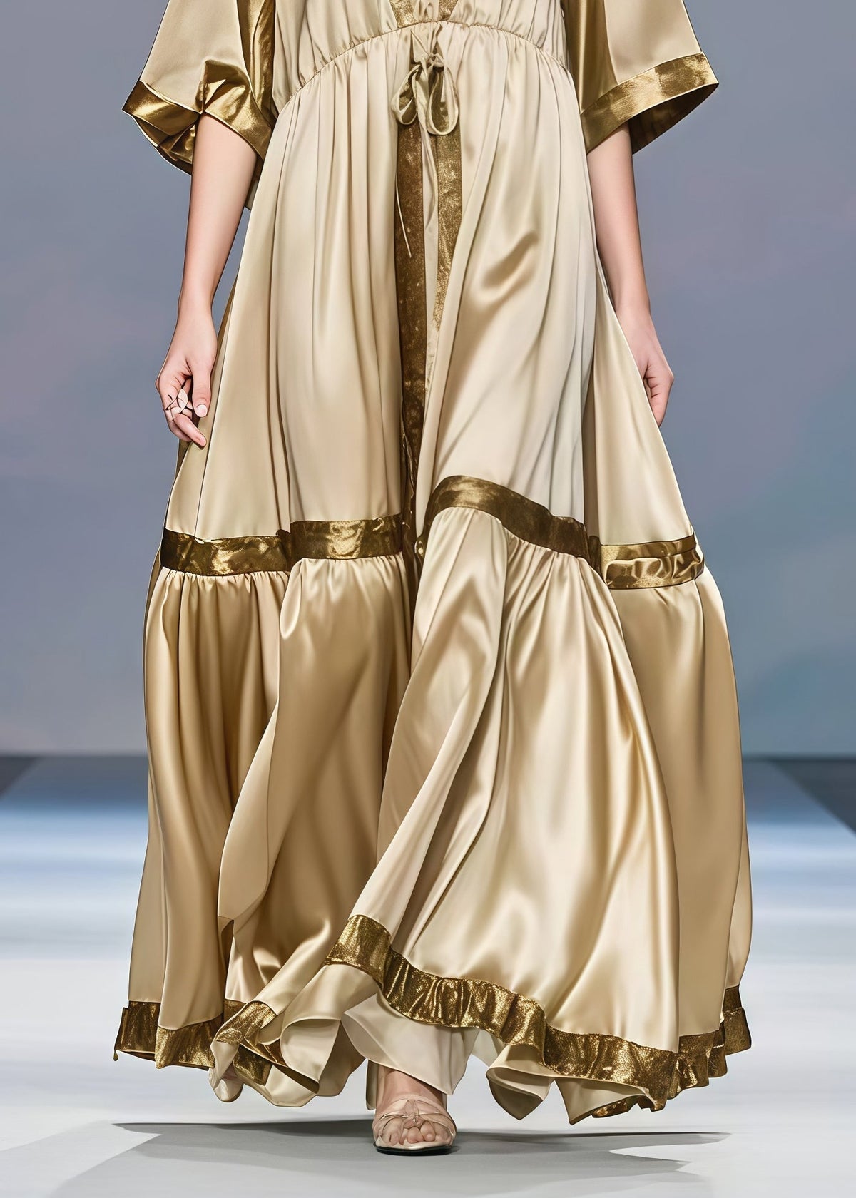 Deep V-Neck Sleeve Drawstring Empire Waist Tiered Maxi Gown - View 4