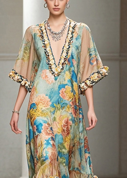 French Khaki Ruffled Print Chiffon Long Dresses Summer - View 2