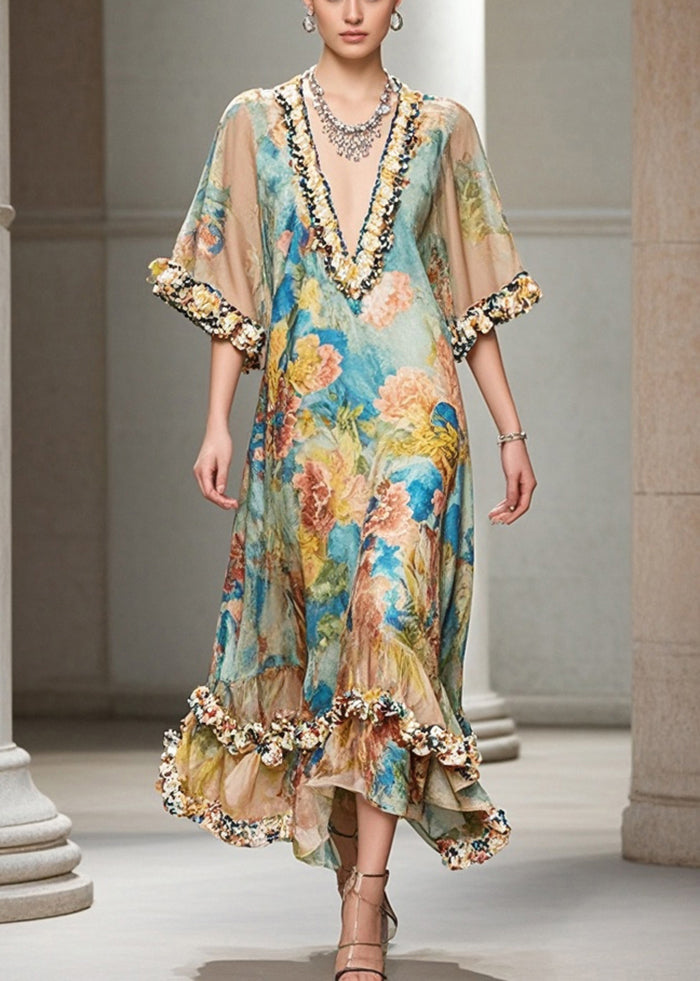 French Khaki Ruffled Print Chiffon Long Dresses Summer - View 3