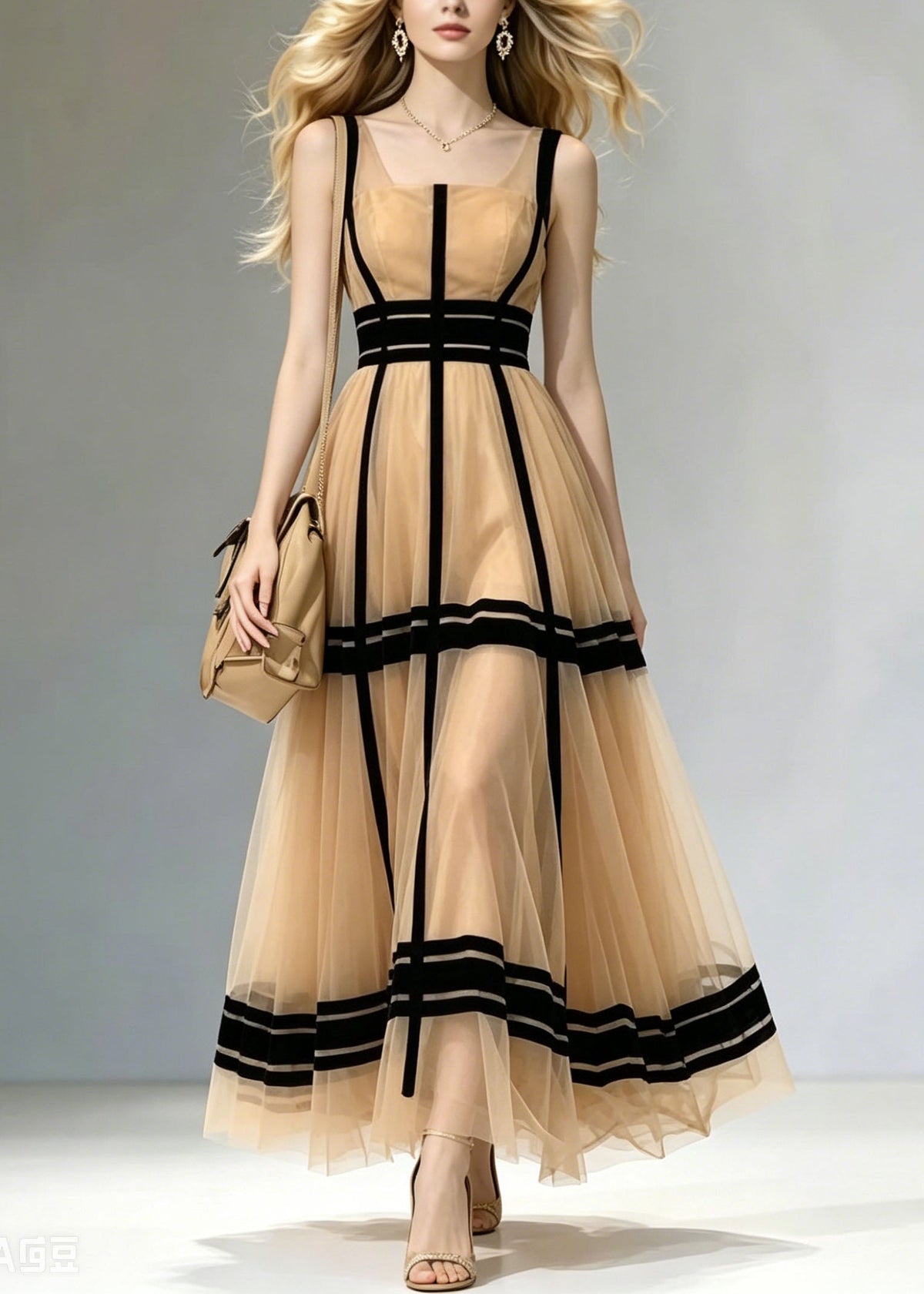 French Khaki Square Collar Patchwork Tulle Maxi Dress Summer - View 3