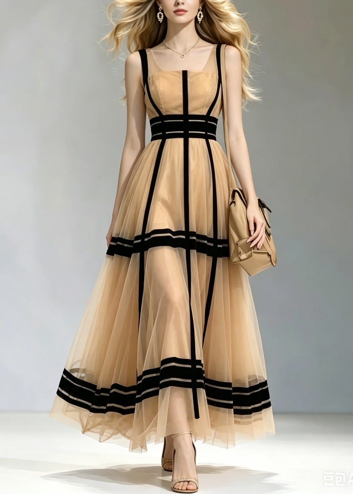 French Khaki Square Collar Patchwork Tulle Maxi Dress Summer - View 5