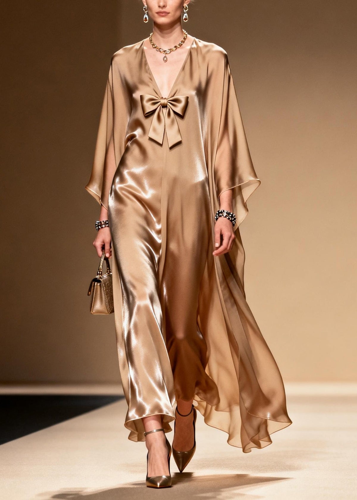 French Khaki V Neck Bow Chiffon Maxi Dress Summer - View 3