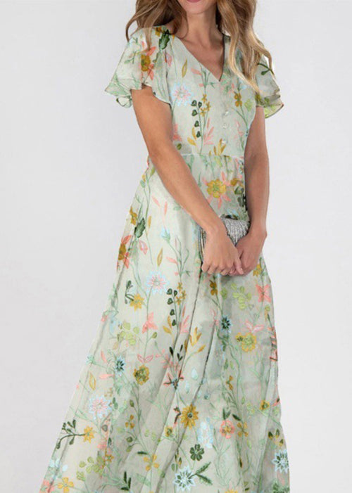 Chiffon Floral Embroidered V-Neck Button Front A-Line Maxi Dress - View 2
