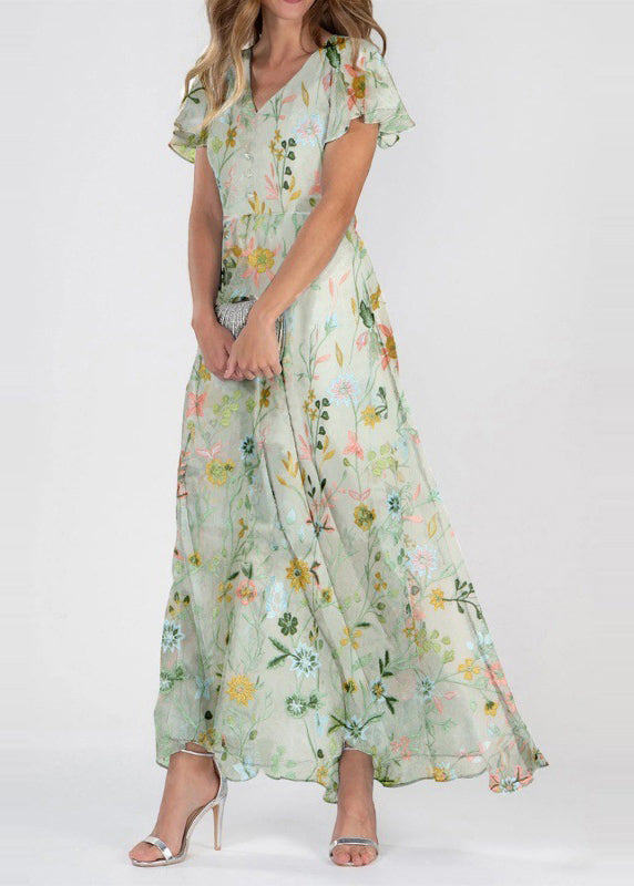 Chiffon Floral Embroidered V-Neck Button Front A-Line Maxi Dress - View 3