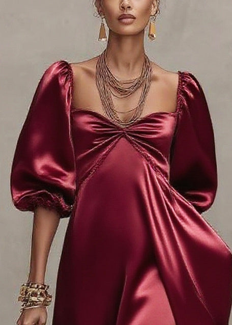 Satin Sweetheart Neck Puff Sleeve Ruffle Hem Tiered Midi Dress - View 2