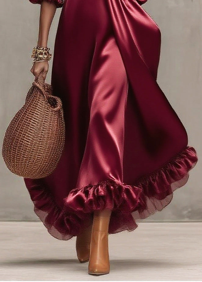 Satin Sweetheart Neck Puff Sleeve Ruffle Hem Tiered Midi Dress - View 4