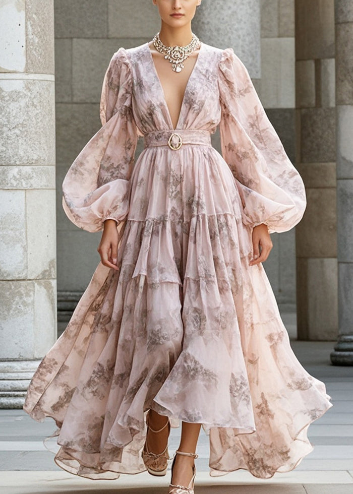 Floral Print Deep V-Neck Puff Sleeve Belted Tiered Maxi Dress - View 5