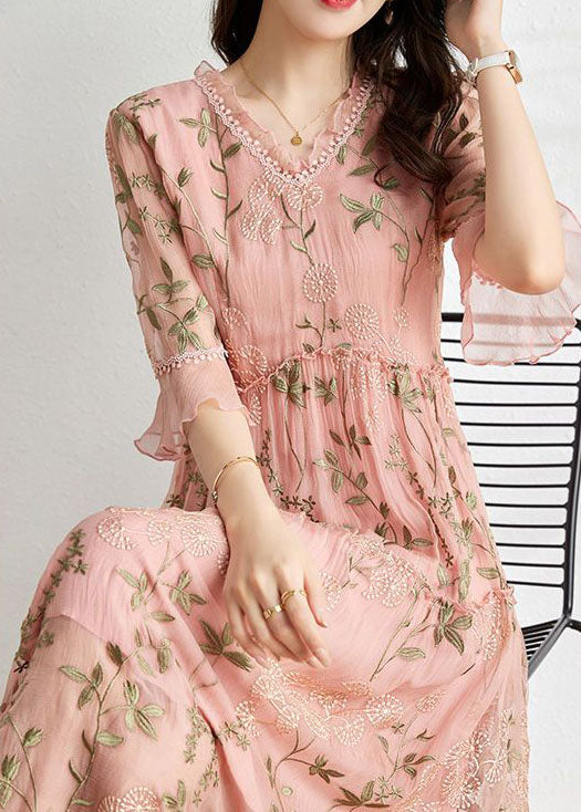 Floral Embroidered Crinkle Mesh V-Neck Lace Trim Midi Dress