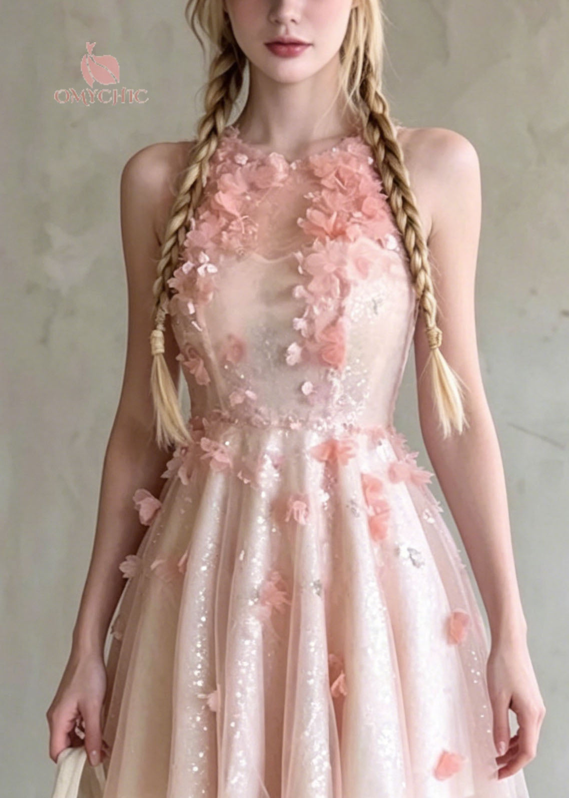 Sequin Mesh High Neck 3D Floral Appliqué Tiered Tulle Mini Party Dress - View 2