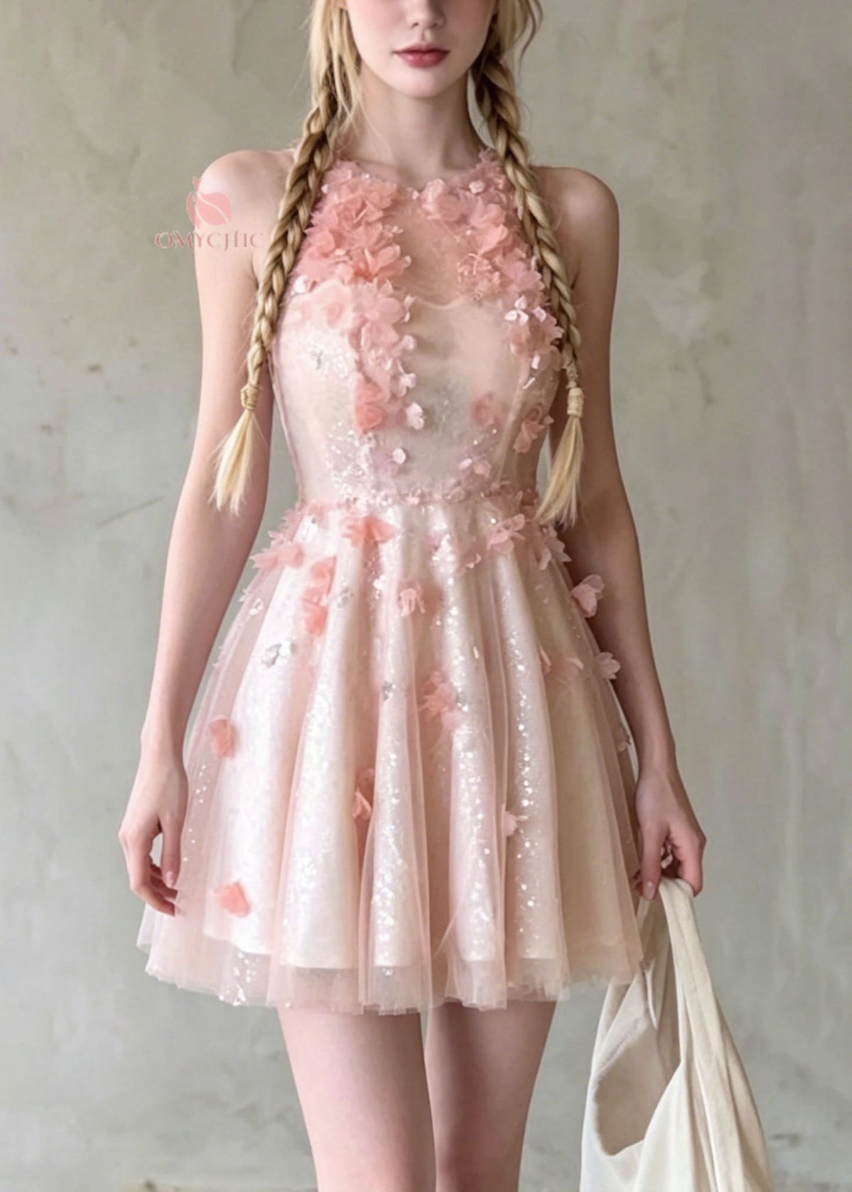 Sequin Mesh High Neck 3D Floral Appliqué Tiered Tulle Mini Party Dress - View 3