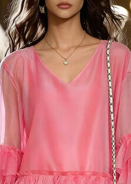 Chiffon V-Neck Tiered Ruffle Sleeve High Low Ruffle Mini Dress - View 2