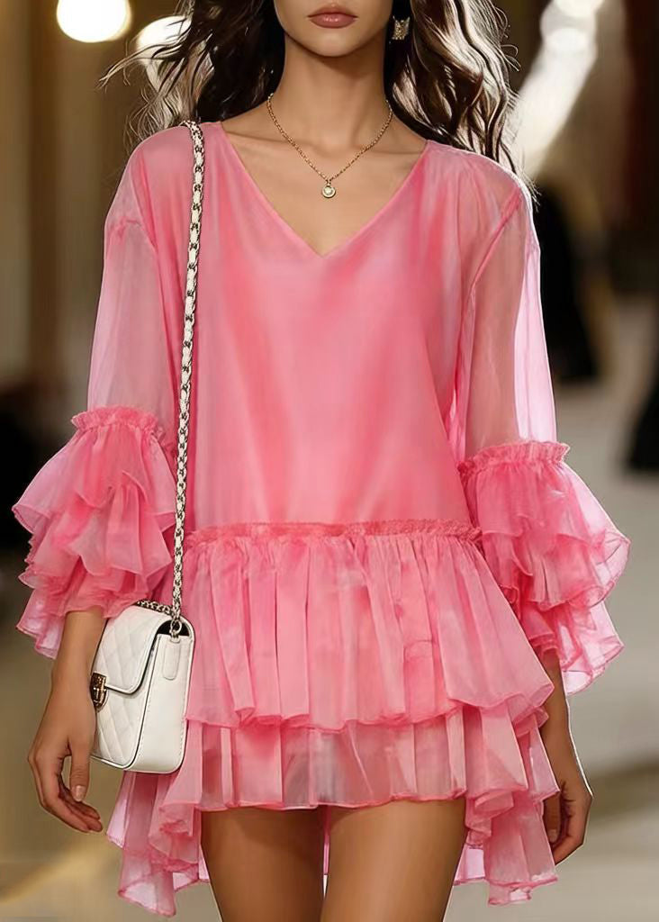 Chiffon V-Neck Tiered Ruffle Sleeve High Low Ruffle Mini Dress - View 3