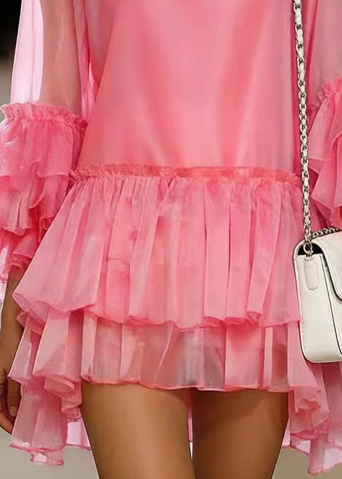 Chiffon V-Neck Tiered Ruffle Sleeve High Low Ruffle Mini Dress - View 4