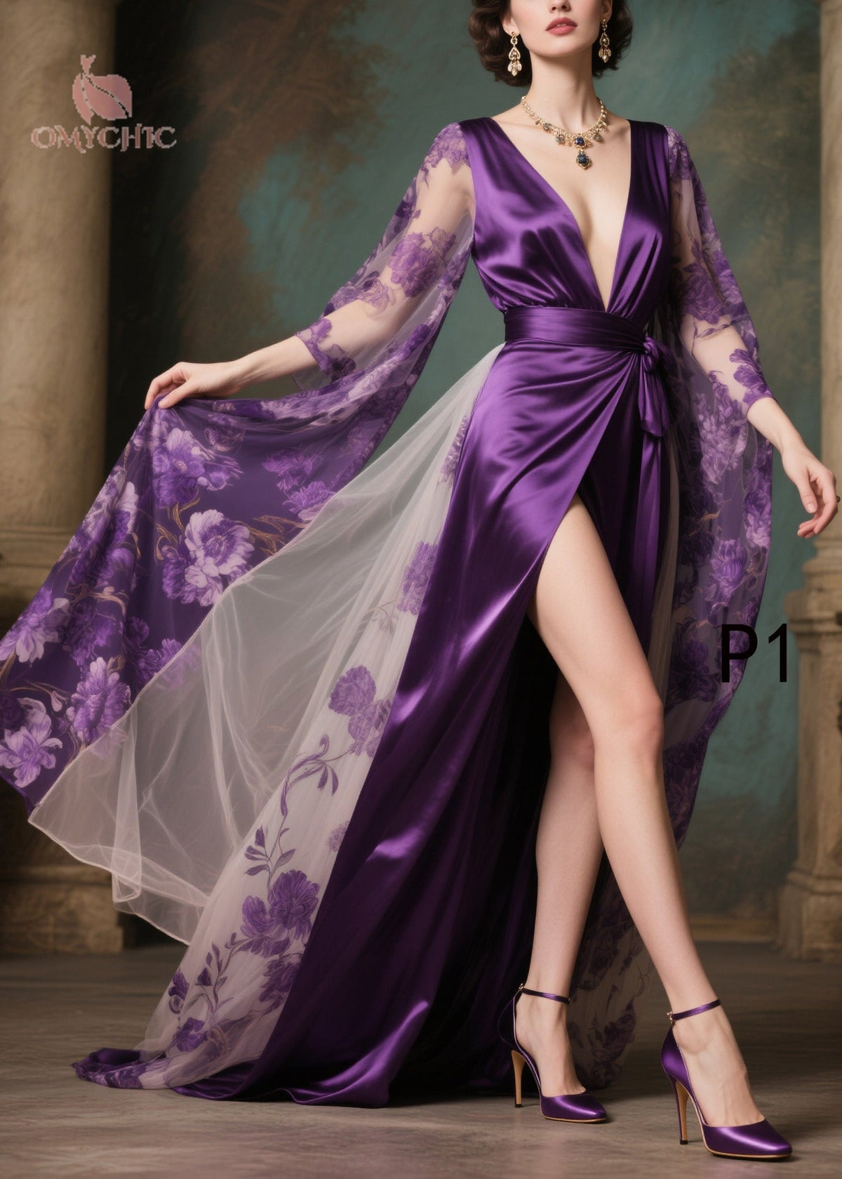 Floral Sheer Cape Sleeve Deep V-Neck Wrap Belt Maxi Gown