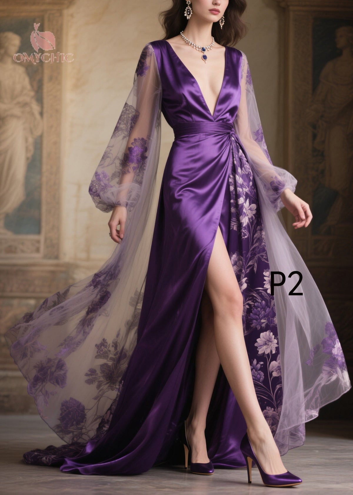 Floral Sheer Cape Sleeve Deep V-Neck Wrap Belt Maxi Gown - View 2