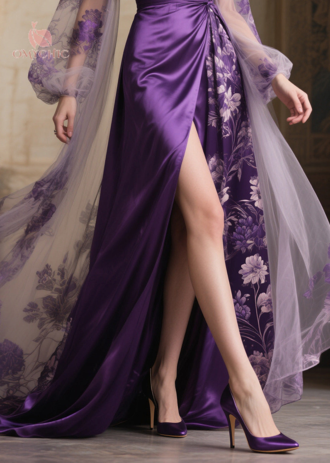 Floral Sheer Cape Sleeve Deep V-Neck Wrap Belt Maxi Gown - View 4