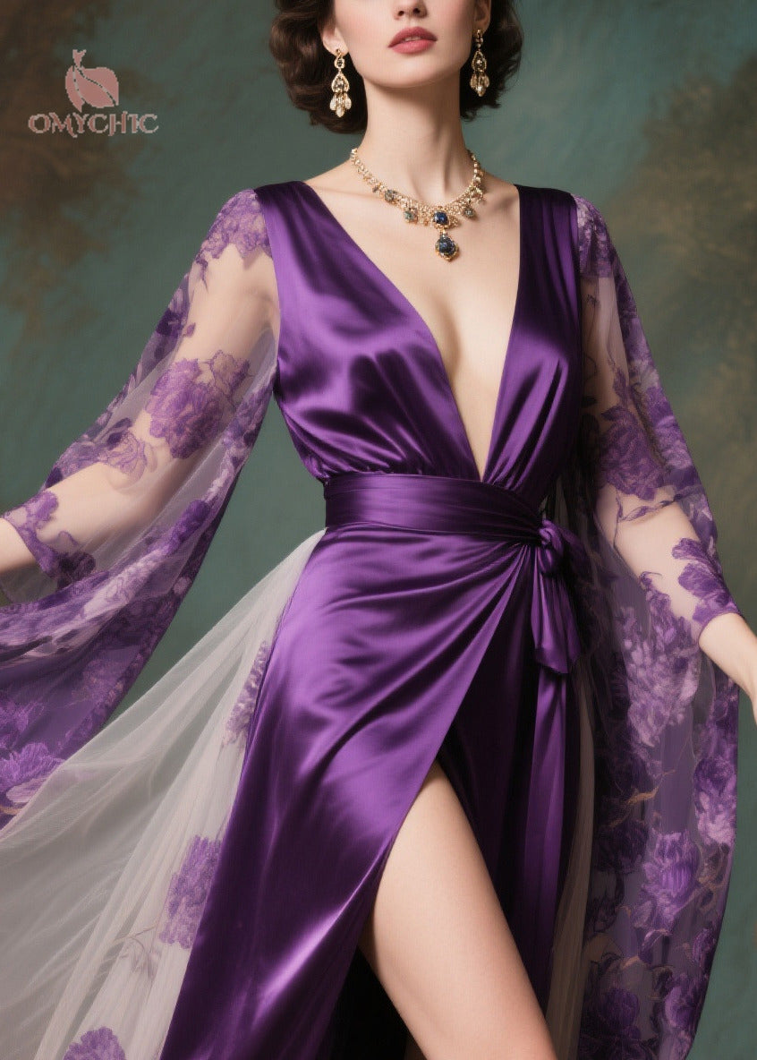 Floral Sheer Cape Sleeve Deep V-Neck Wrap Belt Maxi Gown - View 5