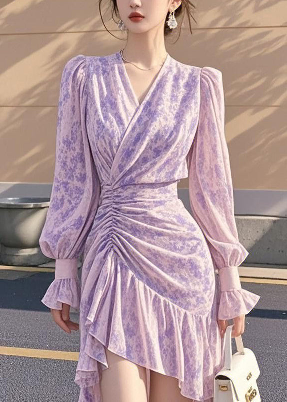 French Purple Ruffled Cinched Asymmetrical Chiffon Dress Fall - View 3