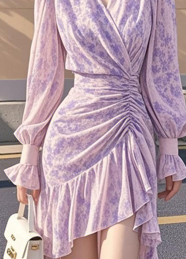 French Purple Ruffled Cinched Asymmetrical Chiffon Dress Fall - View 4