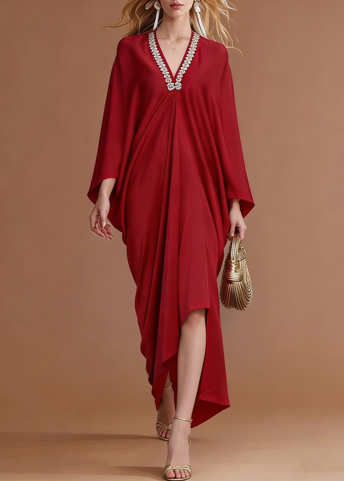 Satin Rhinestone Deep V-Neck Batwing Sleeve High Low Kaftan Gown
