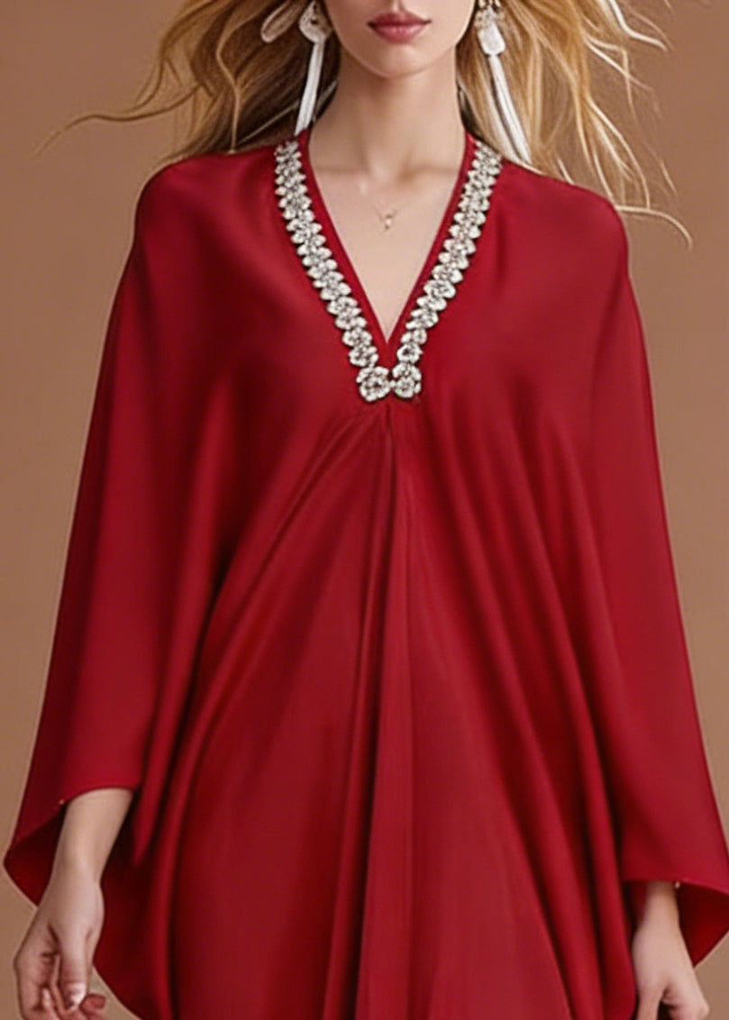 Satin Rhinestone Deep V-Neck Batwing Sleeve High Low Kaftan Gown - View 2