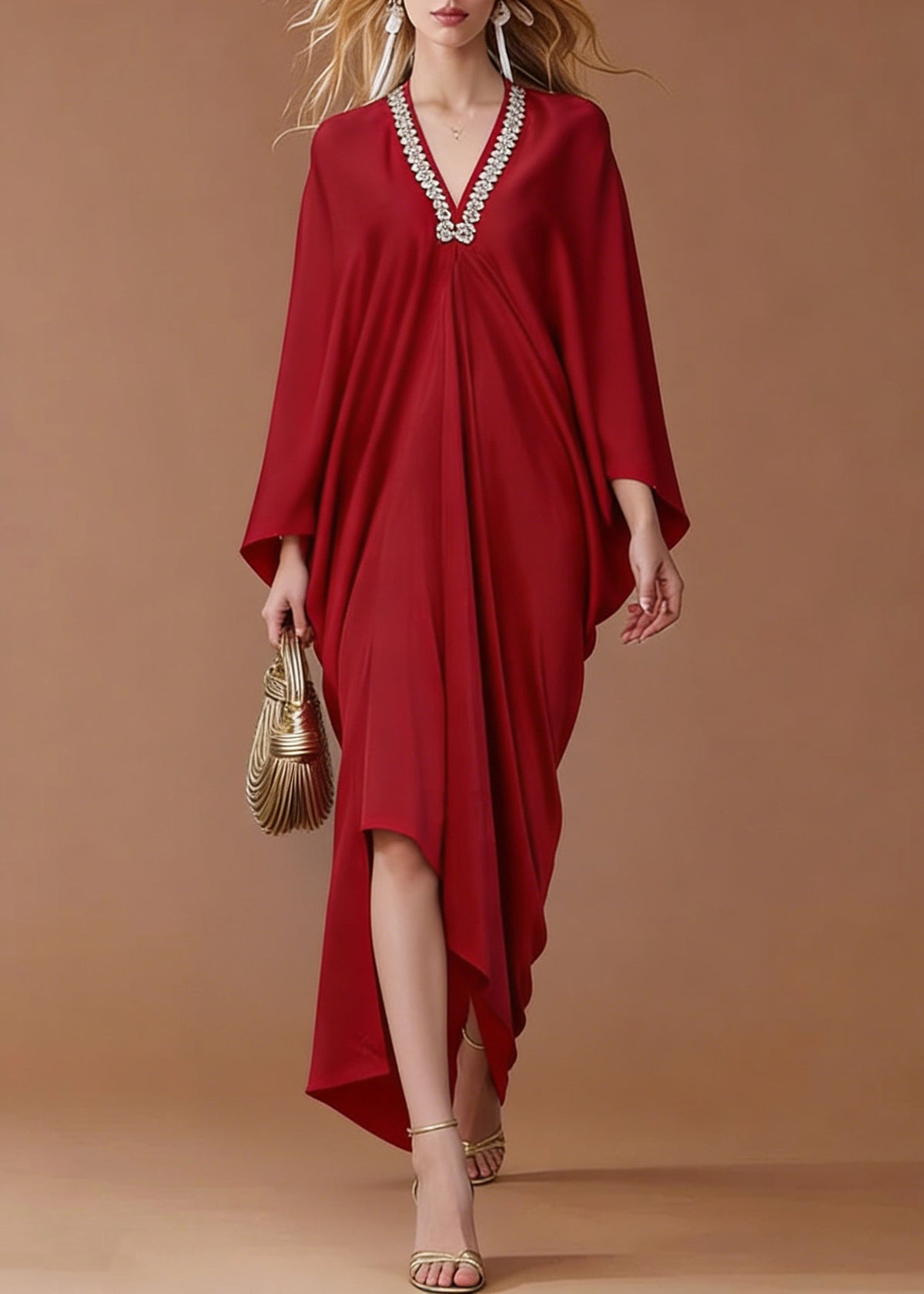 Satin Rhinestone Deep V-Neck Batwing Sleeve High Low Kaftan Gown - View 3