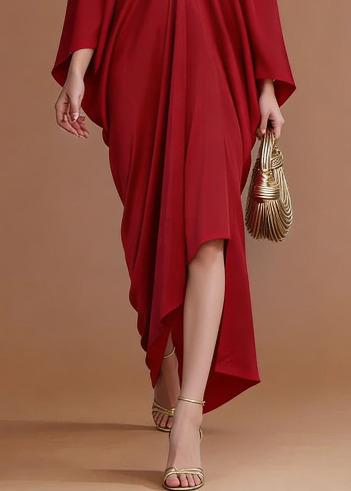 Satin Rhinestone Deep V-Neck Batwing Sleeve High Low Kaftan Gown - View 4