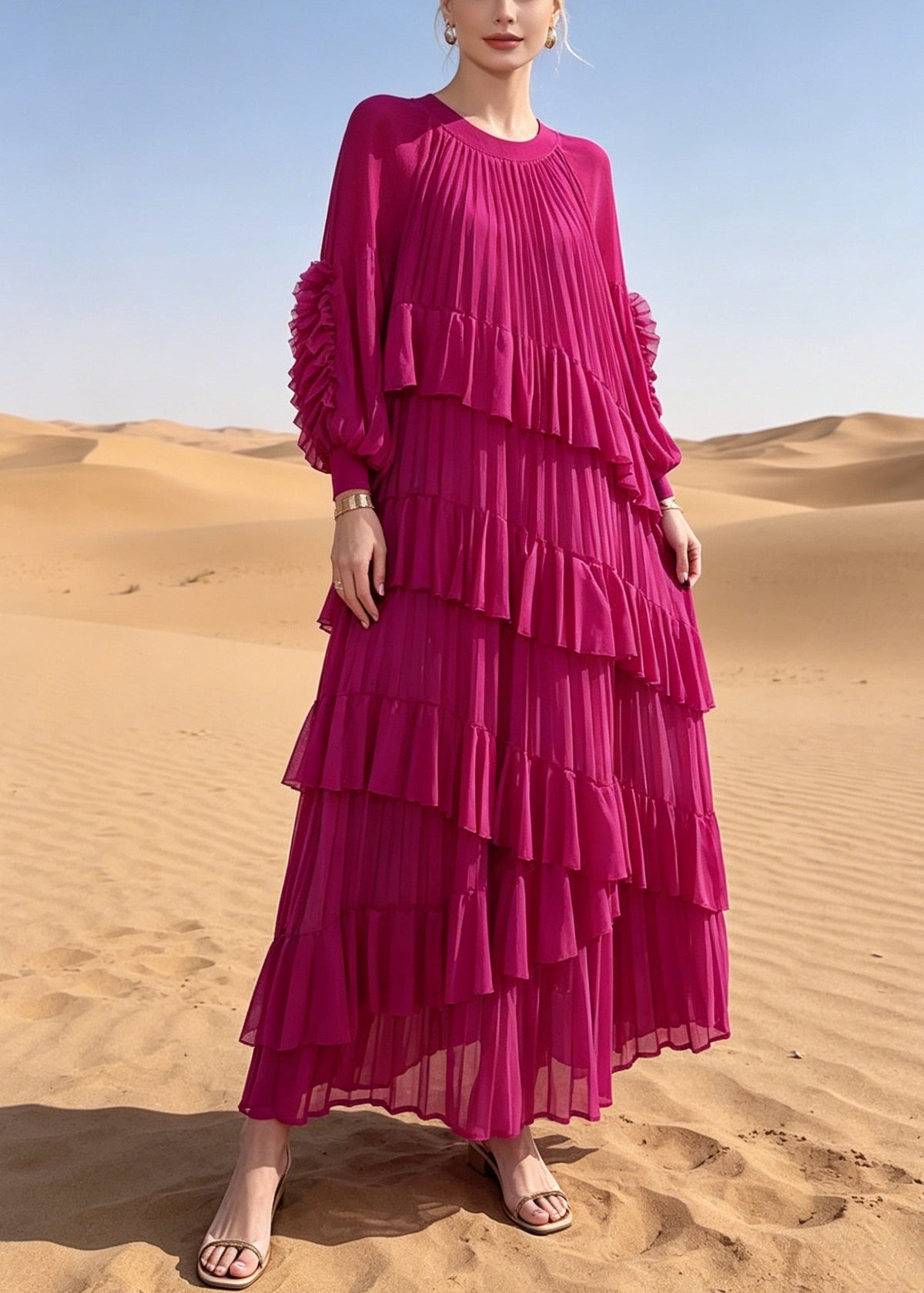 French Rose Oversized Ruffles Chiffon Maxi Dresses Summer - View 5