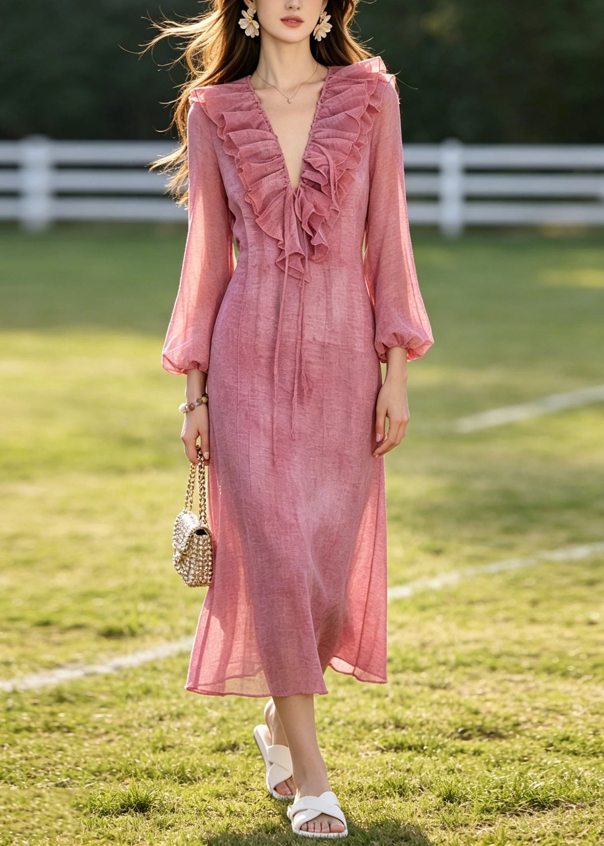 French Rose Ruffled Tie Dye Chiffon Dresses Summer - View 3