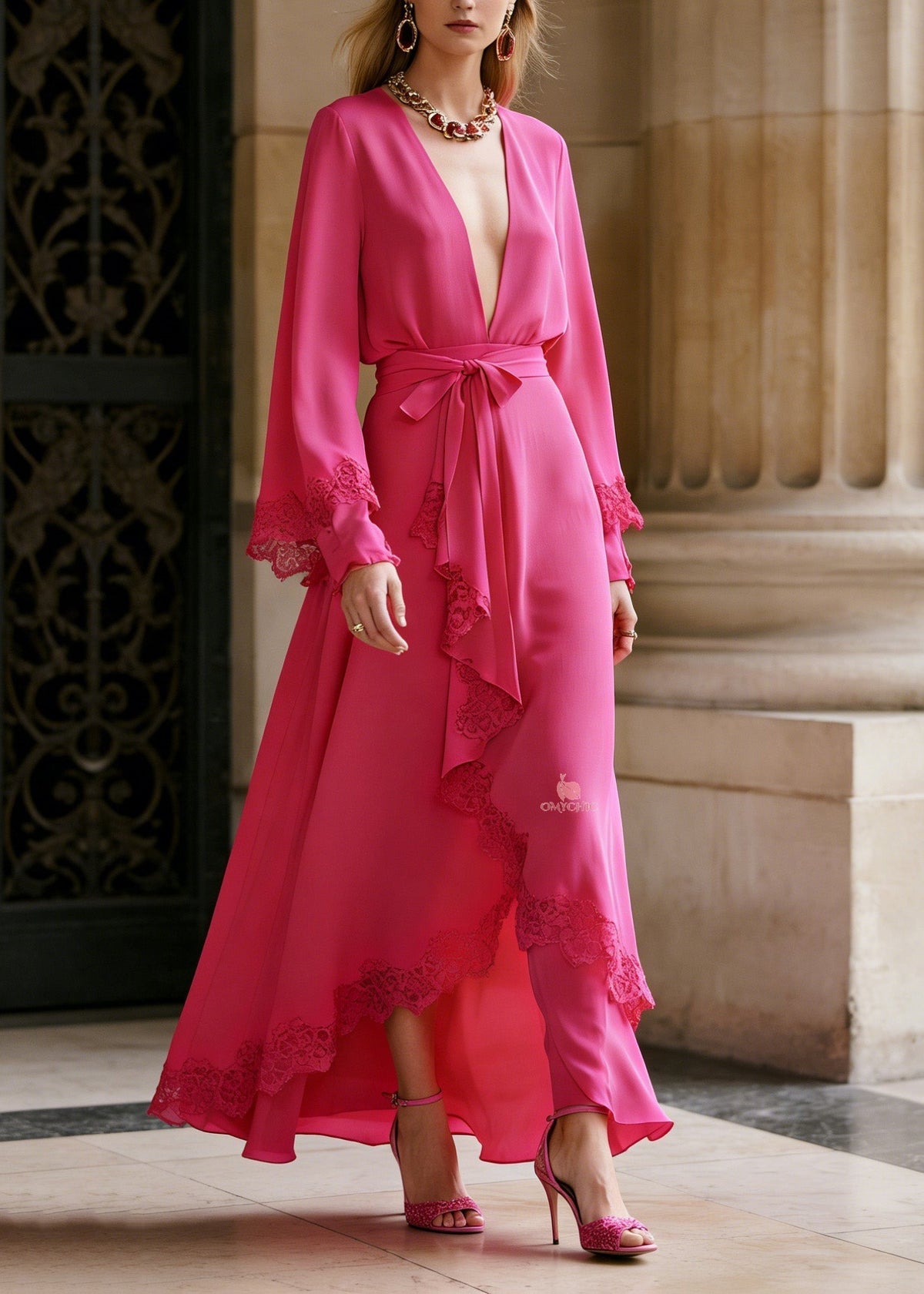 French Rose V Neck Lace Patchwork Silk Maxi Dress Spring - View 3
