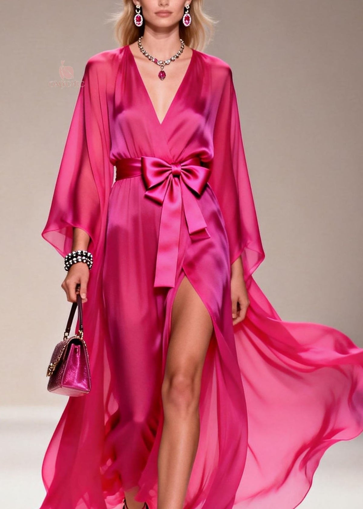 Chiffon Deep V-Neck Cape Sleeve Bow Belt High Split Wrap Maxi Gown - View 2