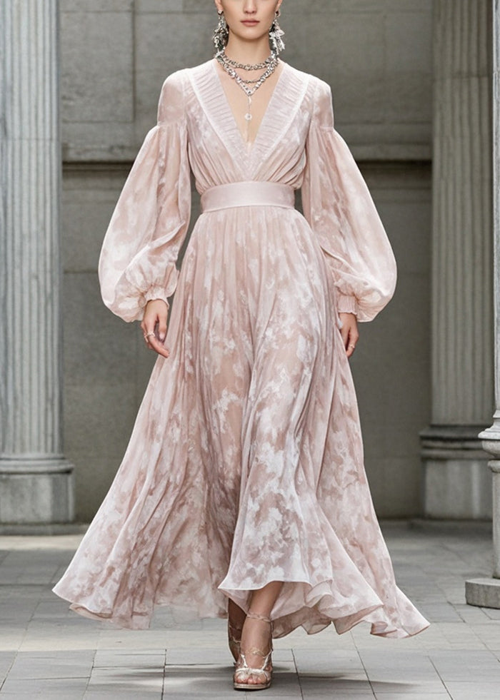 Marbled Print Deep V-Neck Pleated Trim Bishop Sleeve Maxi Gown - View 5