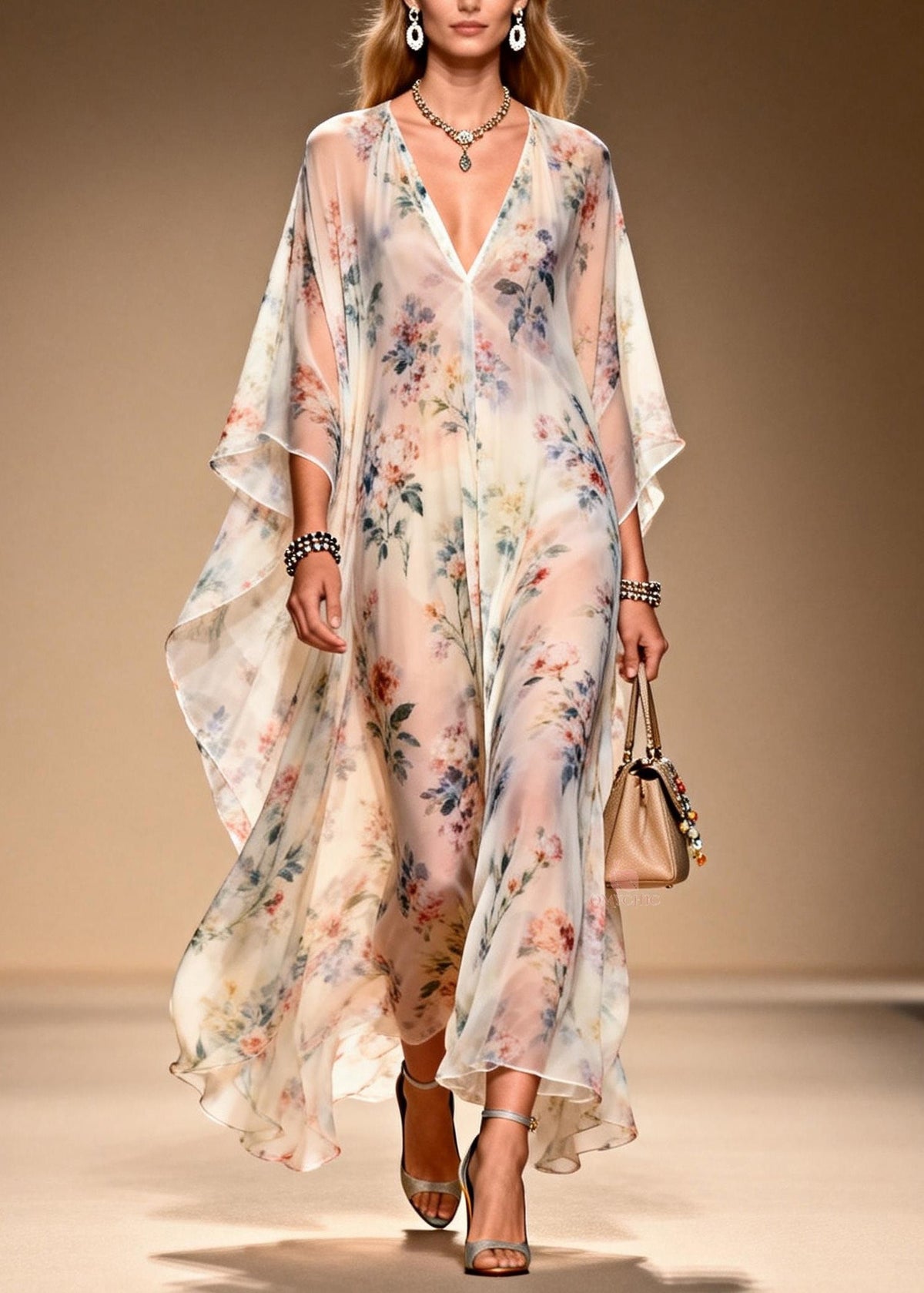 All Over Floral Print Deep V-Neck Cape Sleeve Sheer Maxi Gown