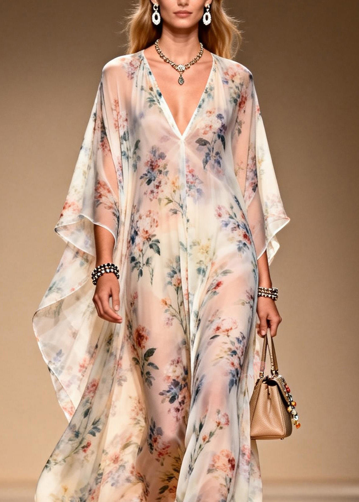 All Over Floral Print Deep V-Neck Cape Sleeve Sheer Maxi Gown - View 2