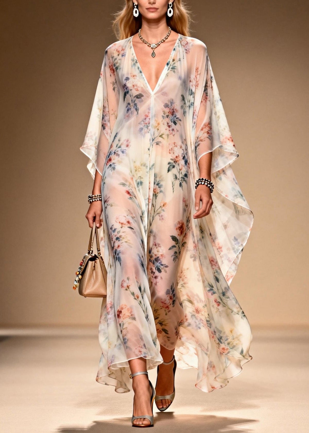 All Over Floral Print Deep V-Neck Cape Sleeve Sheer Maxi Gown - View 3