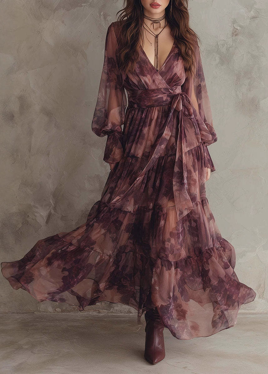 Floral Print Wrap Deep V-Neck Long Puff Sleeve Tiered Maxi Dress