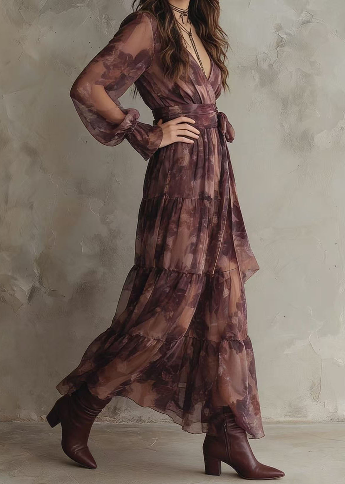 Floral Print Wrap Deep V-Neck Long Puff Sleeve Tiered Maxi Dress - View 2