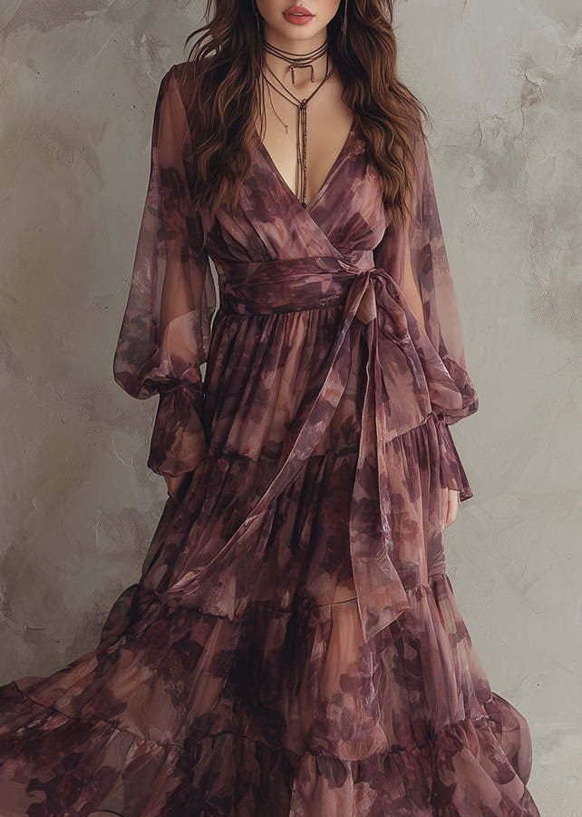 Floral Print Wrap Deep V-Neck Long Puff Sleeve Tiered Maxi Dress - View 5