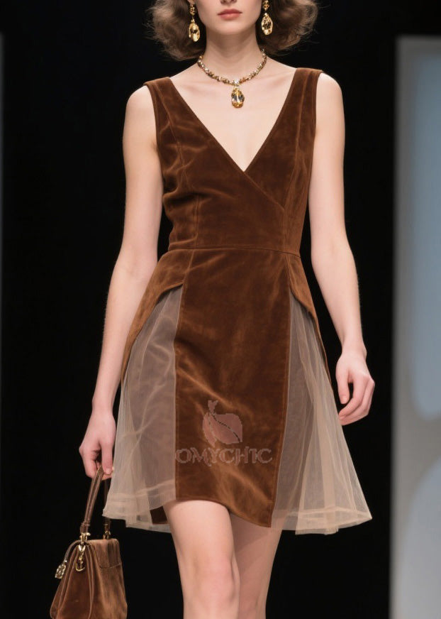 Deep V-Neck Wrap Sleeveless Velvet Tulle Side Panel Mini Dress - View 2