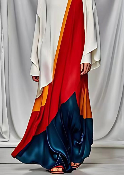 French White Asymmetrical Design Patchwork Silk Maxi Dresses Long Sleeve - View 5