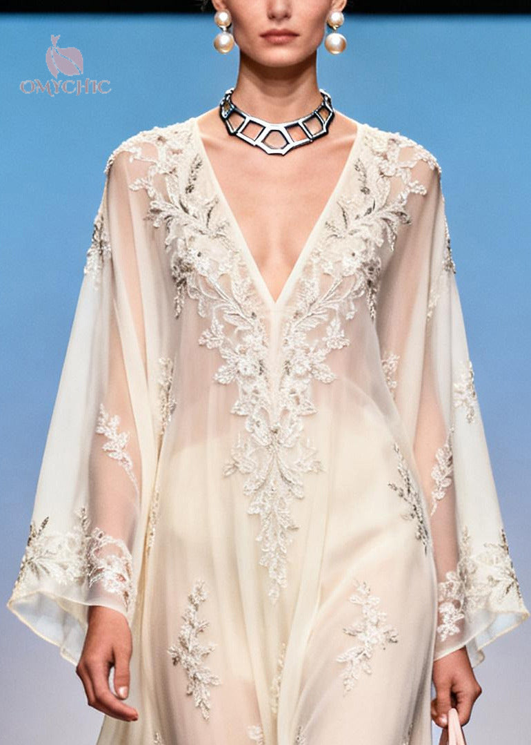 Floral Embroidered Sheer Deep V-Neck Bell Sleeve Layered Maxi Gown - View 2