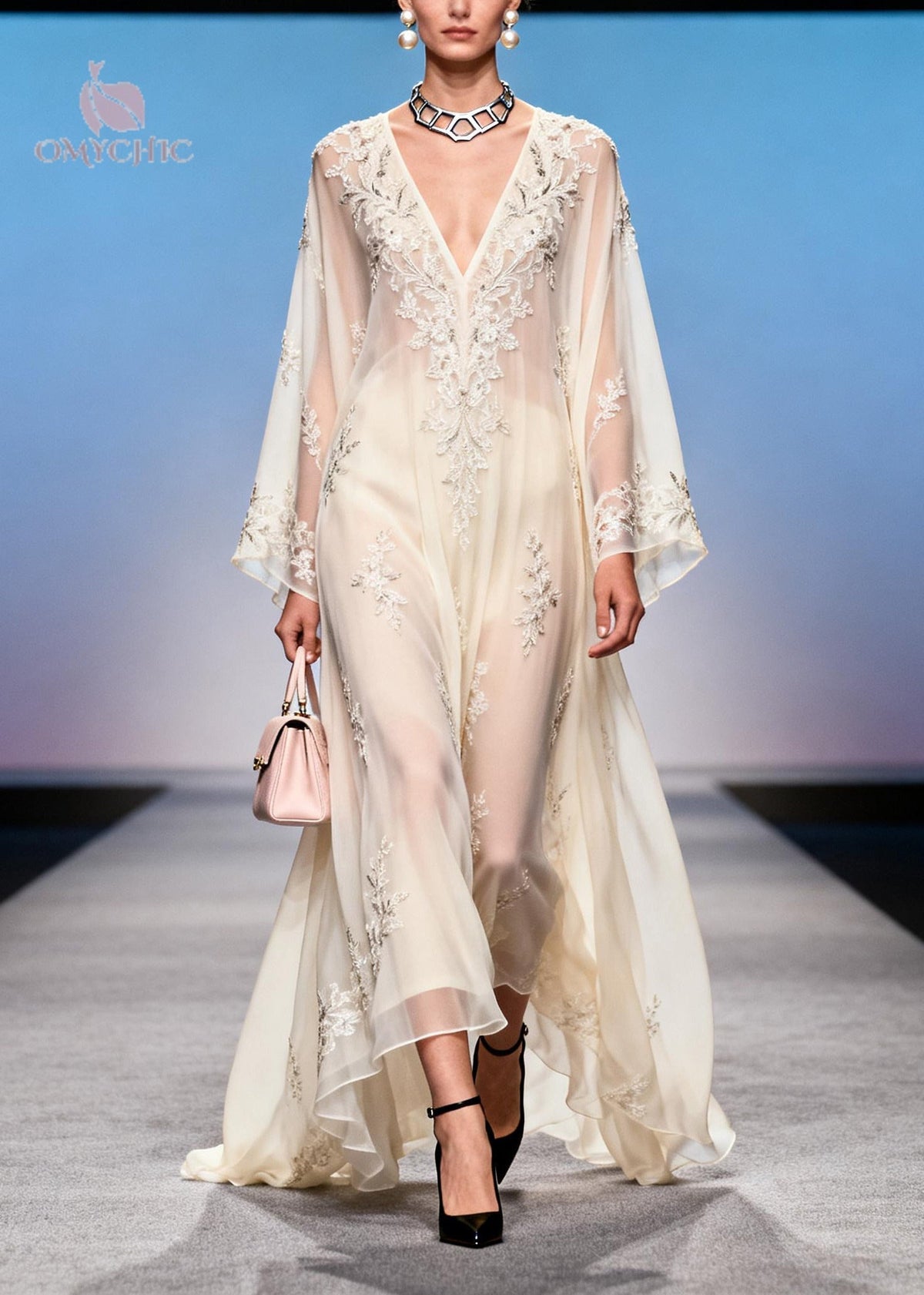 Floral Embroidered Sheer Deep V-Neck Bell Sleeve Layered Maxi Gown - View 3