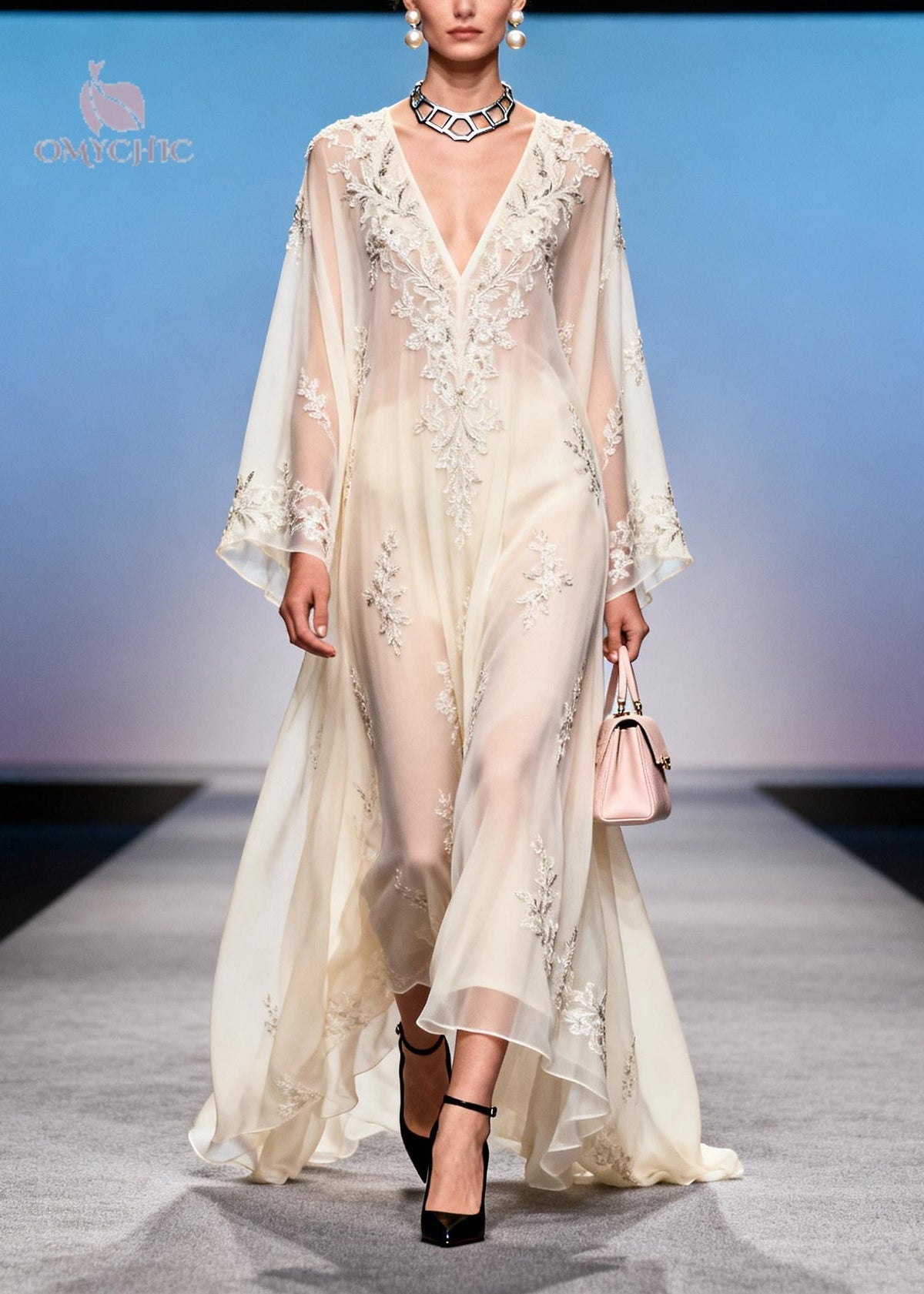 Floral Embroidered Sheer Deep V-Neck Bell Sleeve Layered Maxi Gown - View 5