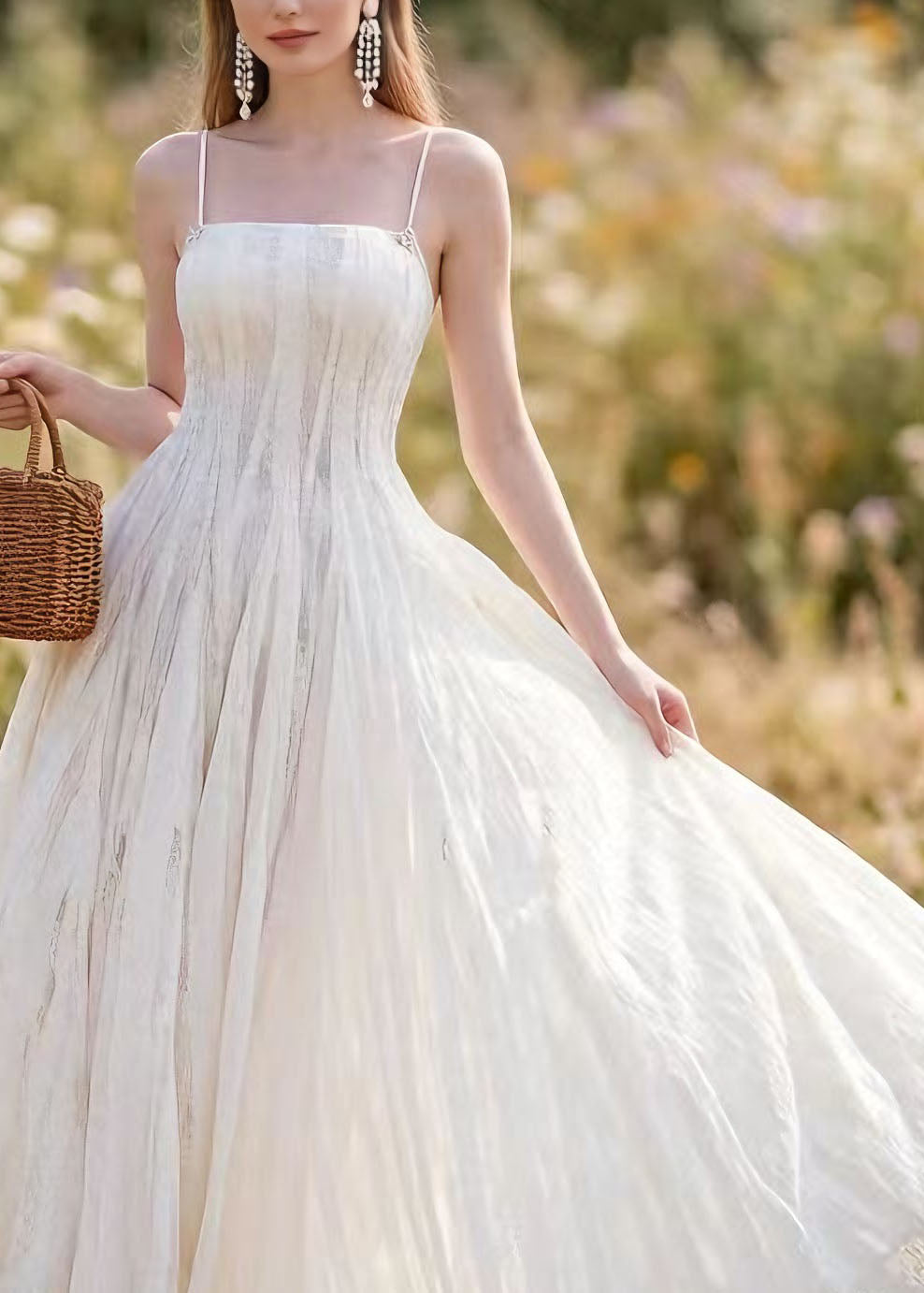 French White Lace Up Spaghetti Strap Summer Dress - View 3
