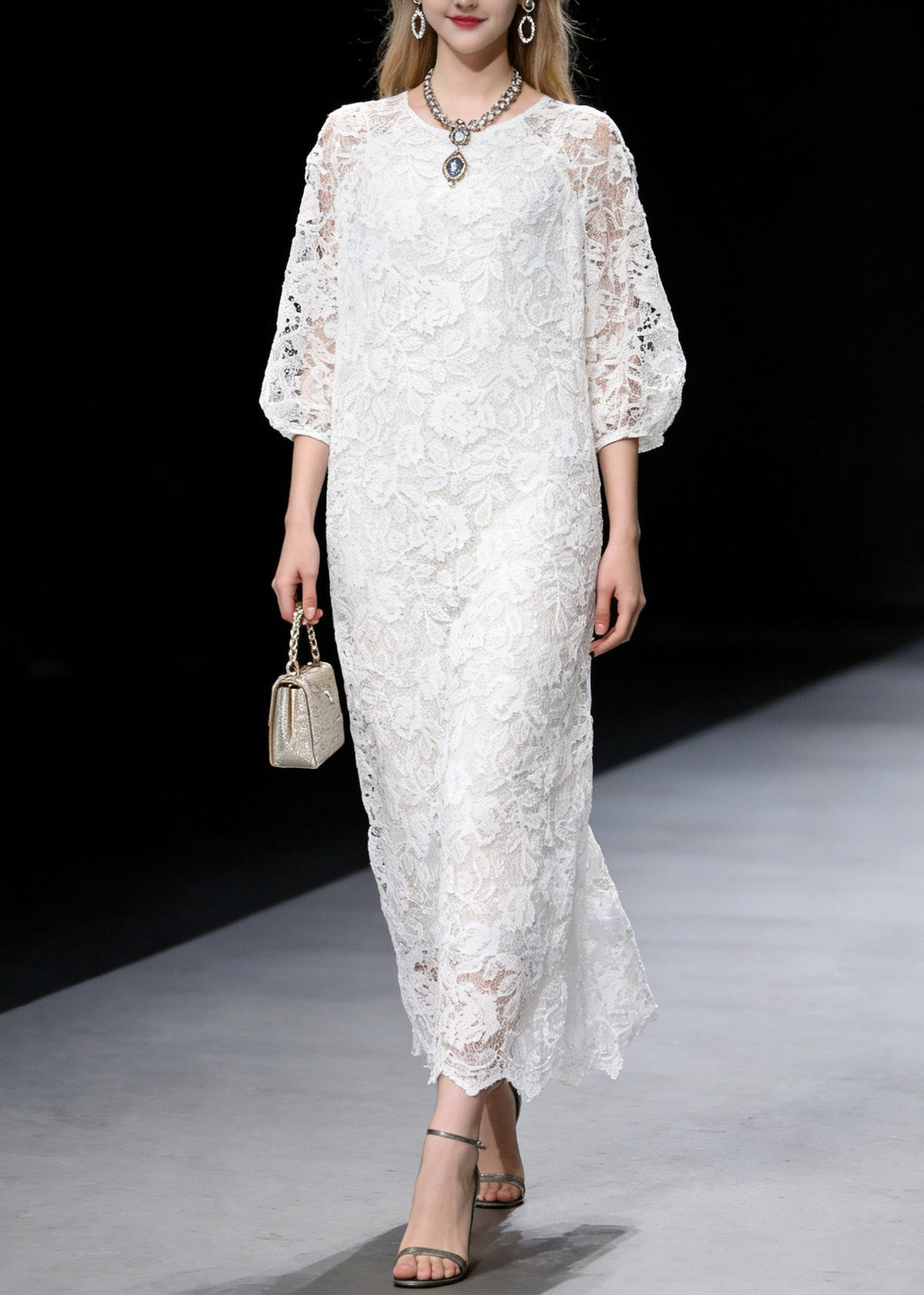 Floral Lace Crew Neck Three Quarter Puff Sleeve Maxi Dress - View 3