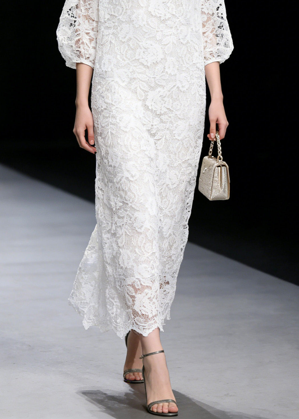 Floral Lace Crew Neck Three Quarter Puff Sleeve Maxi Dress - View 4