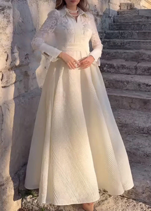 Lace Floral Embroidered Peter Pan Collar Long Sleeve Maxi Dress