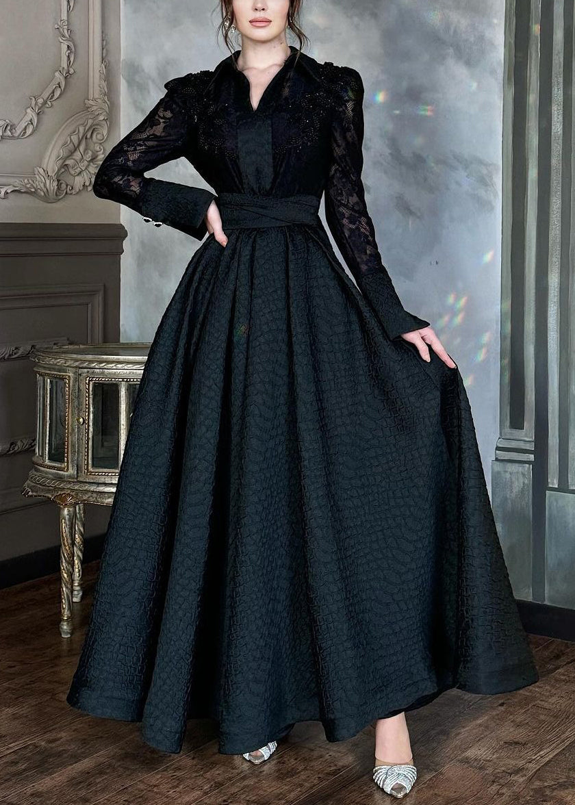 Lace Floral Embroidered Peter Pan Collar Long Sleeve Maxi Dress - View 2