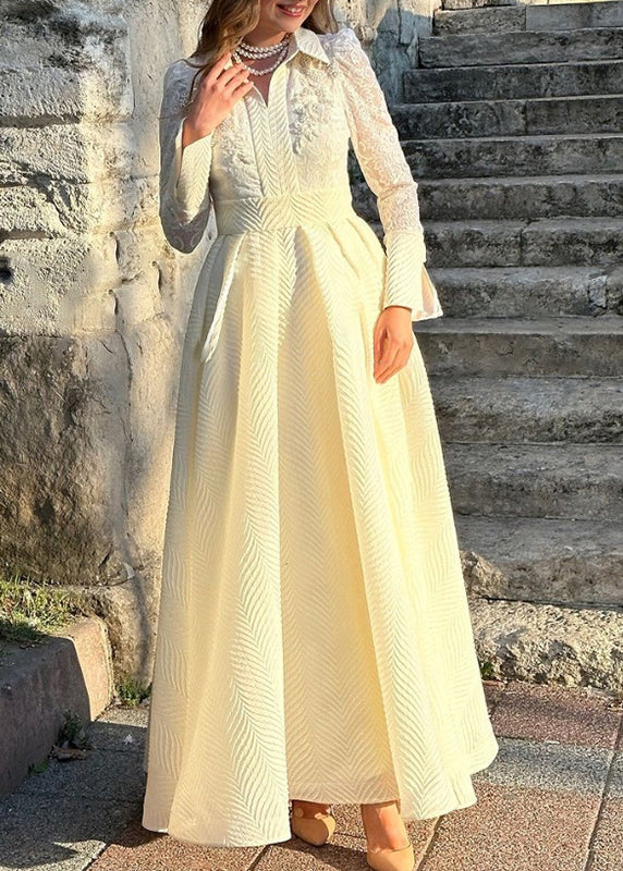 Lace Floral Embroidered Peter Pan Collar Long Sleeve Maxi Dress - View 3
