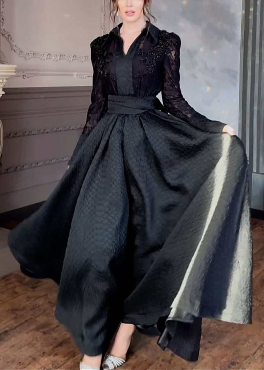 Lace Floral Embroidered Peter Pan Collar Long Sleeve Maxi Dress - View 4